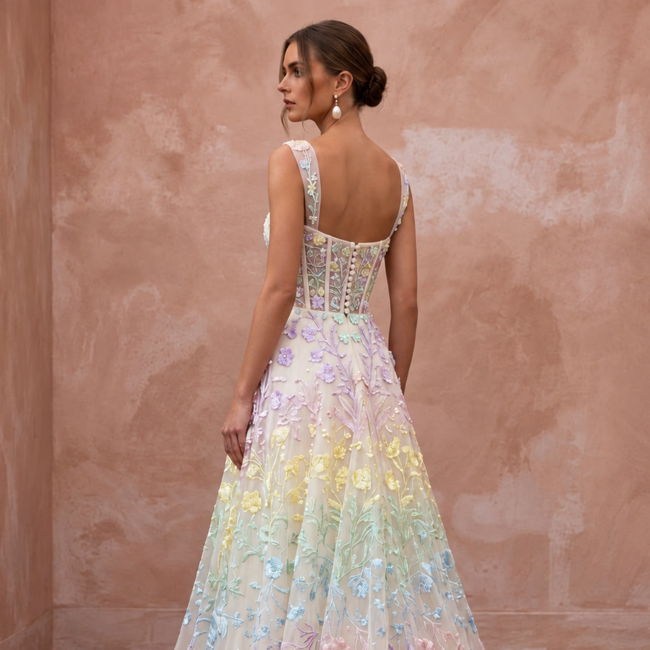 Pastel Rainbow Embroidered Tulle Wedding Dress for Pride Vow Renewal