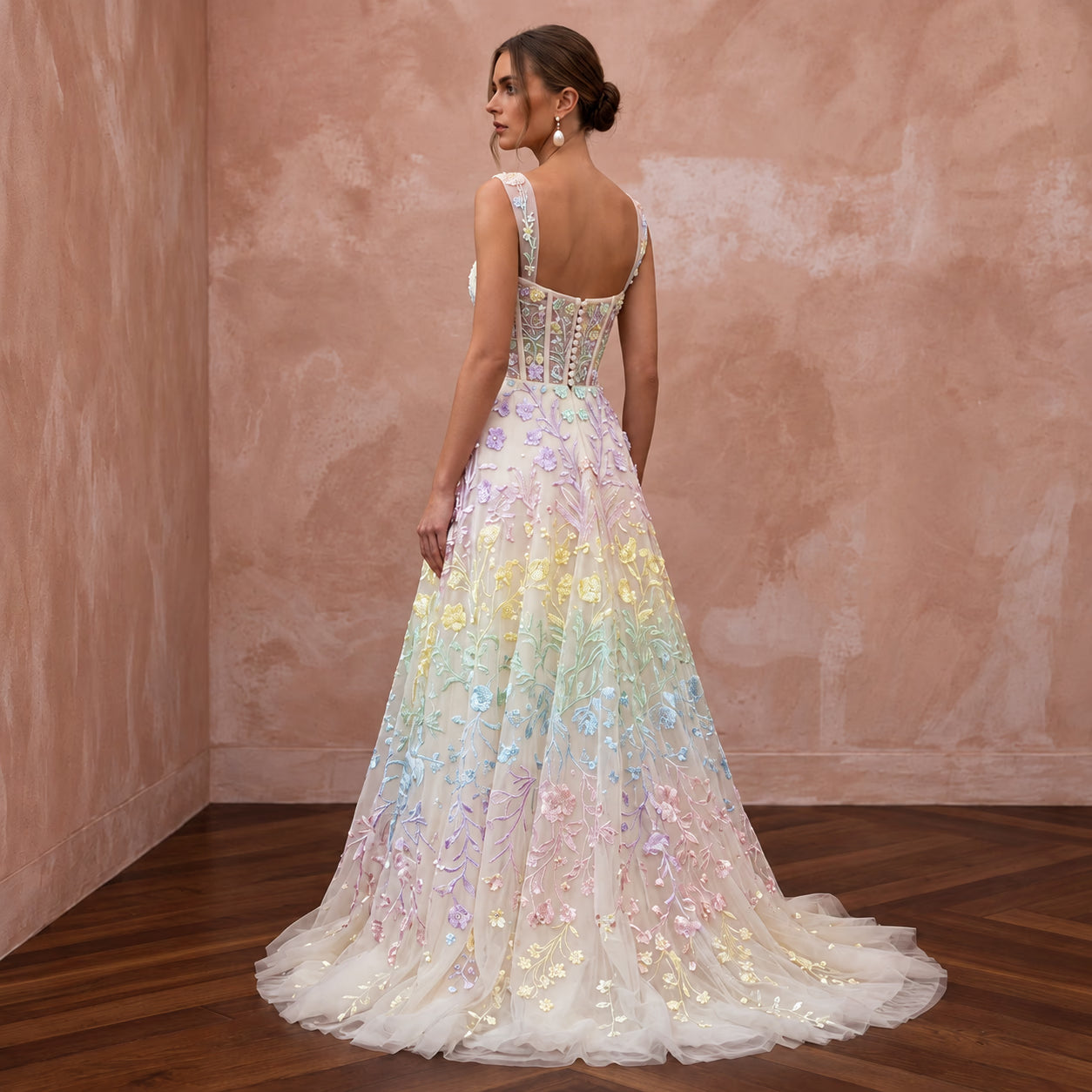 Pastel Rainbow Embroidered Tulle Wedding Dress for Pride Vow Renewal Secondary image