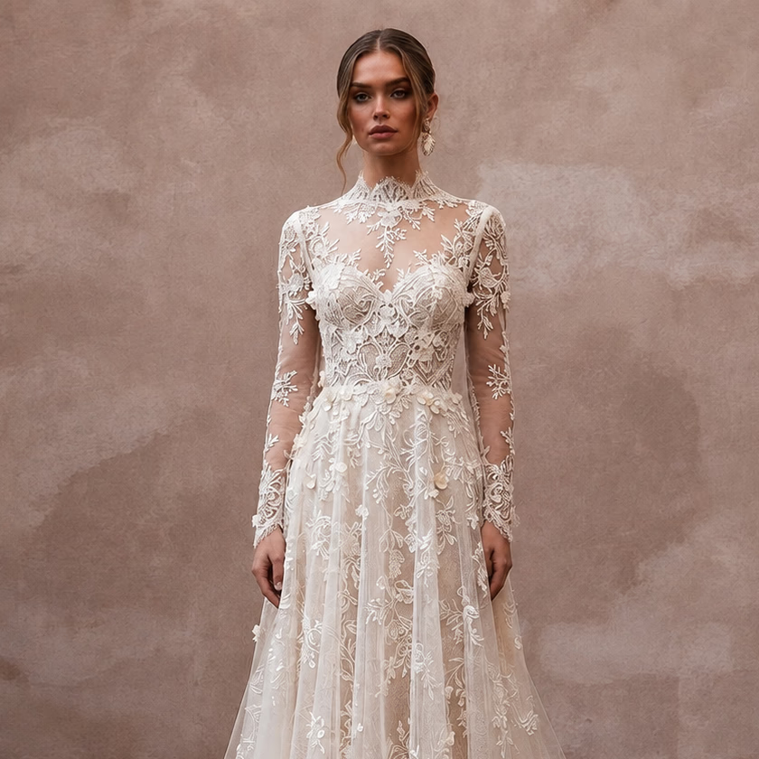 Pastoral Lace Wedding Gown for a Spring Wedding