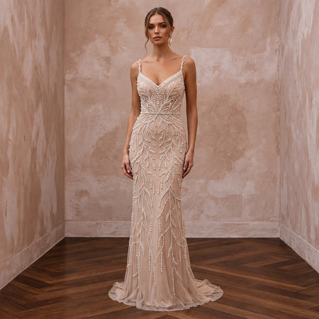 Pearl - Studded Nude Illusion Tulle Sheath Wedding Dress for Rehearsal Dinner - Apparel & Accessories > Clothing > Wedding & Bridal Party Dresses > Wedding Dresses - Mignonette Bridal