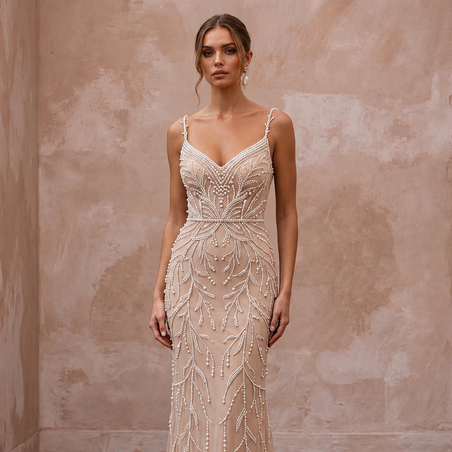 Pearl - Studded Nude Illusion Tulle Sheath Wedding Dress for Rehearsal Dinner - Apparel & Accessories > Clothing > Wedding & Bridal Party Dresses > Wedding Dresses - Mignonette Bridal