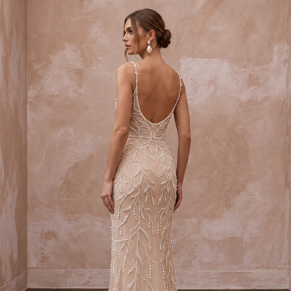 Pearl - Studded Nude Illusion Tulle Sheath Wedding Dress for Rehearsal Dinner - Apparel & Accessories > Clothing > Wedding & Bridal Party Dresses > Wedding Dresses - Mignonette Bridal