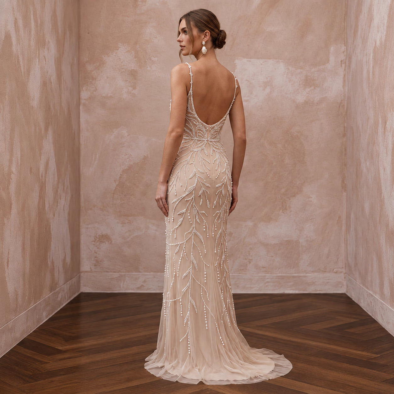 Pearl-Studded Nude Illusion Tulle Sheath Wedding Dress for Rehearsal Dinner Secondary image