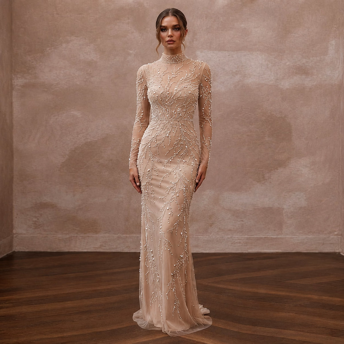 Pearl - Studded Nude Illusion Tulle Sheath for Rehearsal Dinner - Apparel & Accessories > Clothing > Wedding & Bridal Party Dresses > Wedding Dresses - Mignonette Bridal Main image