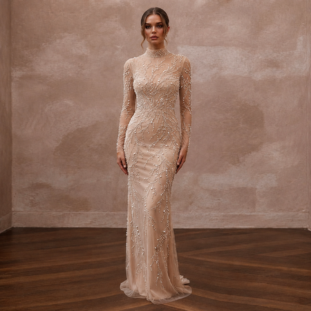 Pearl-Studded Nude Illusion Tulle Sheath for Rehearsal Dinner