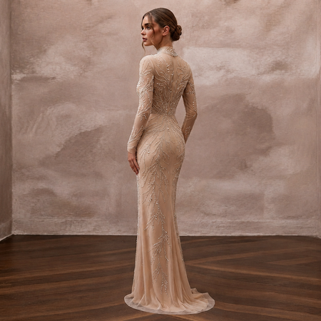 Pearl-Studded Nude Illusion Tulle Sheath for Rehearsal Dinner