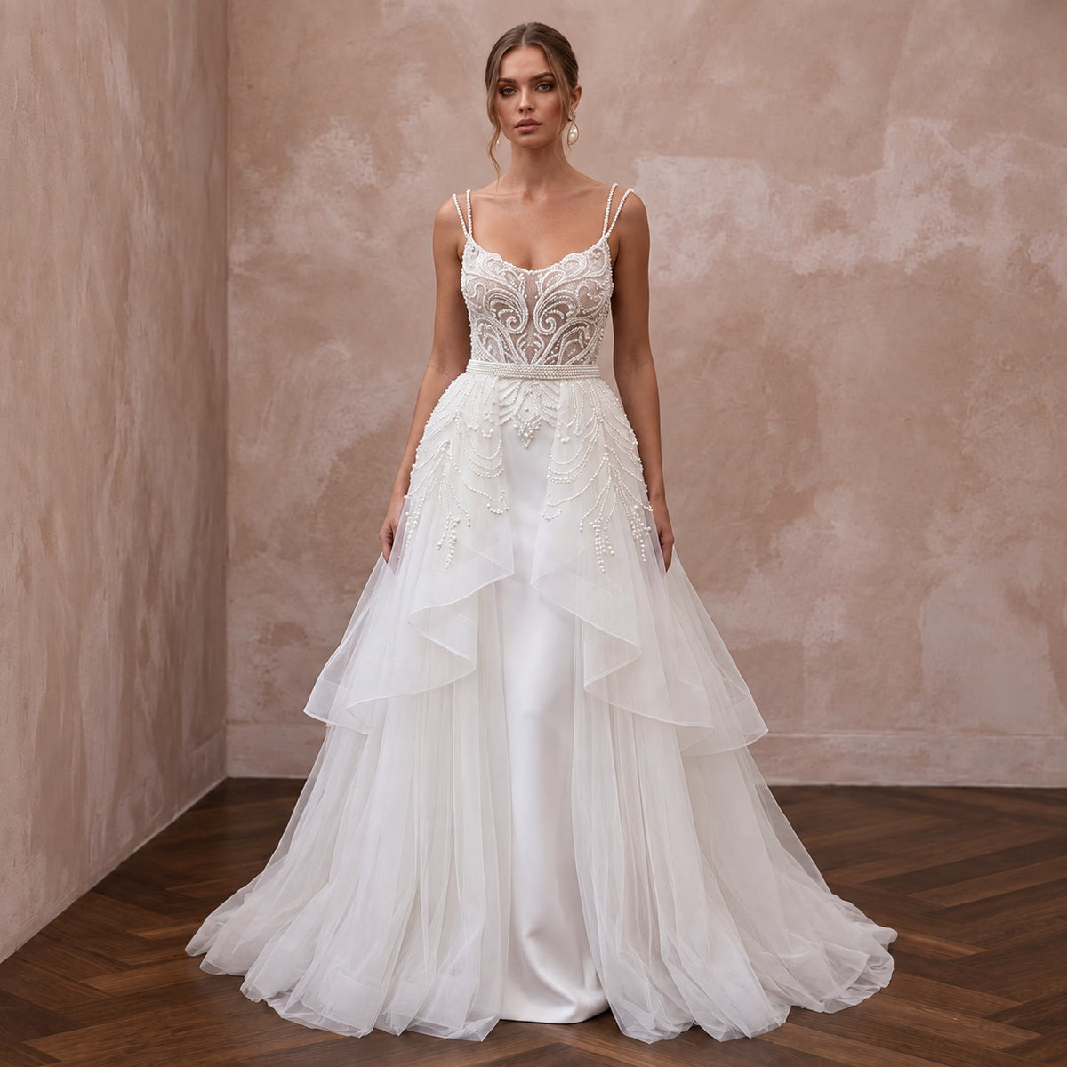 Pearl Beaded Ivory Tulle Over - Skirt Bridal Dress Converter - Apparel & Accessories > Clothing > Wedding & Bridal Party Dresses > Wedding Dresses - Mignonette Bridal Main image