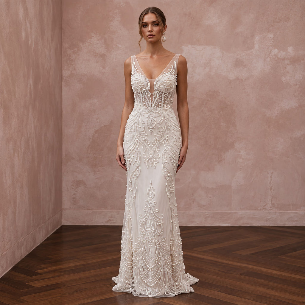 Pearl Beaded Ivory Tulle Sheath Dress for Vintage Themed Reception - Apparel & Accessories > Clothing > Wedding & Bridal Party Dresses > Wedding Dresses - Mignonette Bridal