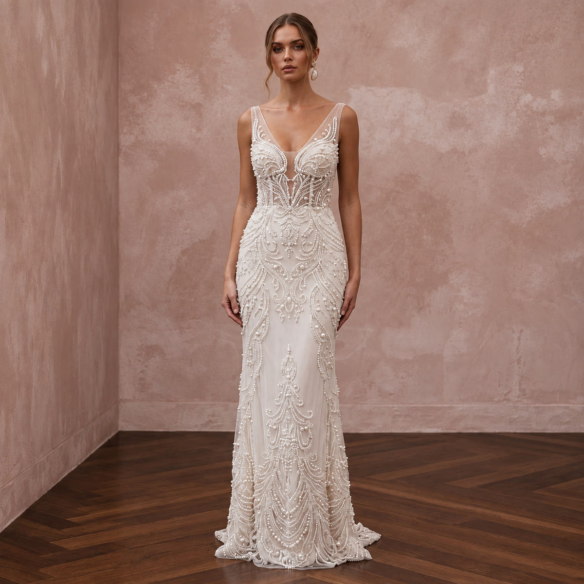 Pearl Beaded Ivory Tulle Sheath Dress for Vintage Themed Reception - Apparel & Accessories > Clothing > Wedding & Bridal Party Dresses > Wedding Dresses - Mignonette Bridal