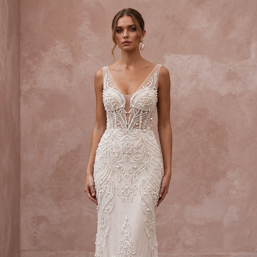 Pearl Beaded Ivory Tulle Sheath Dress for Vintage Themed Reception - Apparel & Accessories > Clothing > Wedding & Bridal Party Dresses > Wedding Dresses - Mignonette Bridal