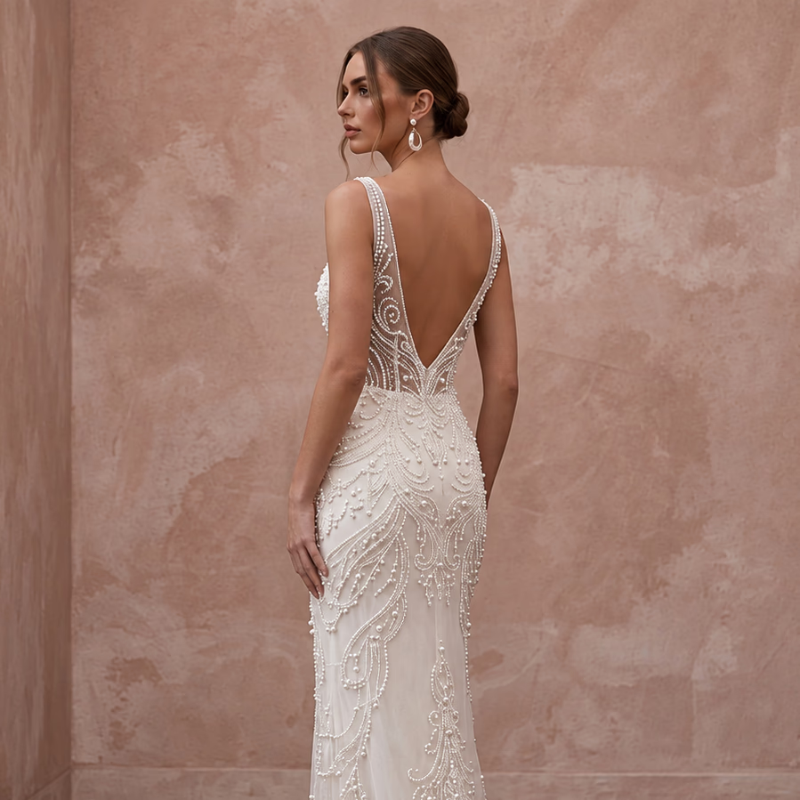 Pearl Beaded Ivory Tulle Sheath Dress for Vintage Themed Reception - Apparel & Accessories > Clothing > Wedding & Bridal Party Dresses > Wedding Dresses - Mignonette Bridal
