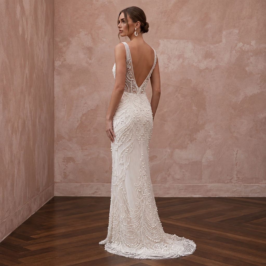Pearl Beaded Ivory Tulle Sheath Dress for Vintage Themed Reception - Apparel & Accessories > Clothing > Wedding & Bridal Party Dresses > Wedding Dresses - Mignonette Bridal