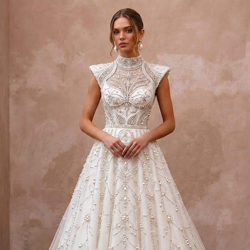 Pearl Beaded Wedding Dresses with Classic Romance - Apparel & Accessories > Clothing > Wedding & Bridal Party Dresses > Wedding Dresses - Mignonette Bridal