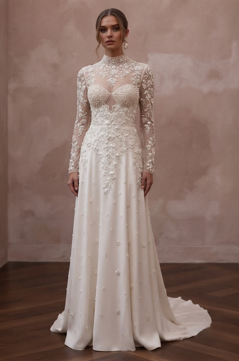 Pearl Embroidered Wedding Dresses with Vintage Charm - Apparel & Accessories > Clothing > Wedding & Bridal Party Dresses > Wedding Dresses - Mignonette