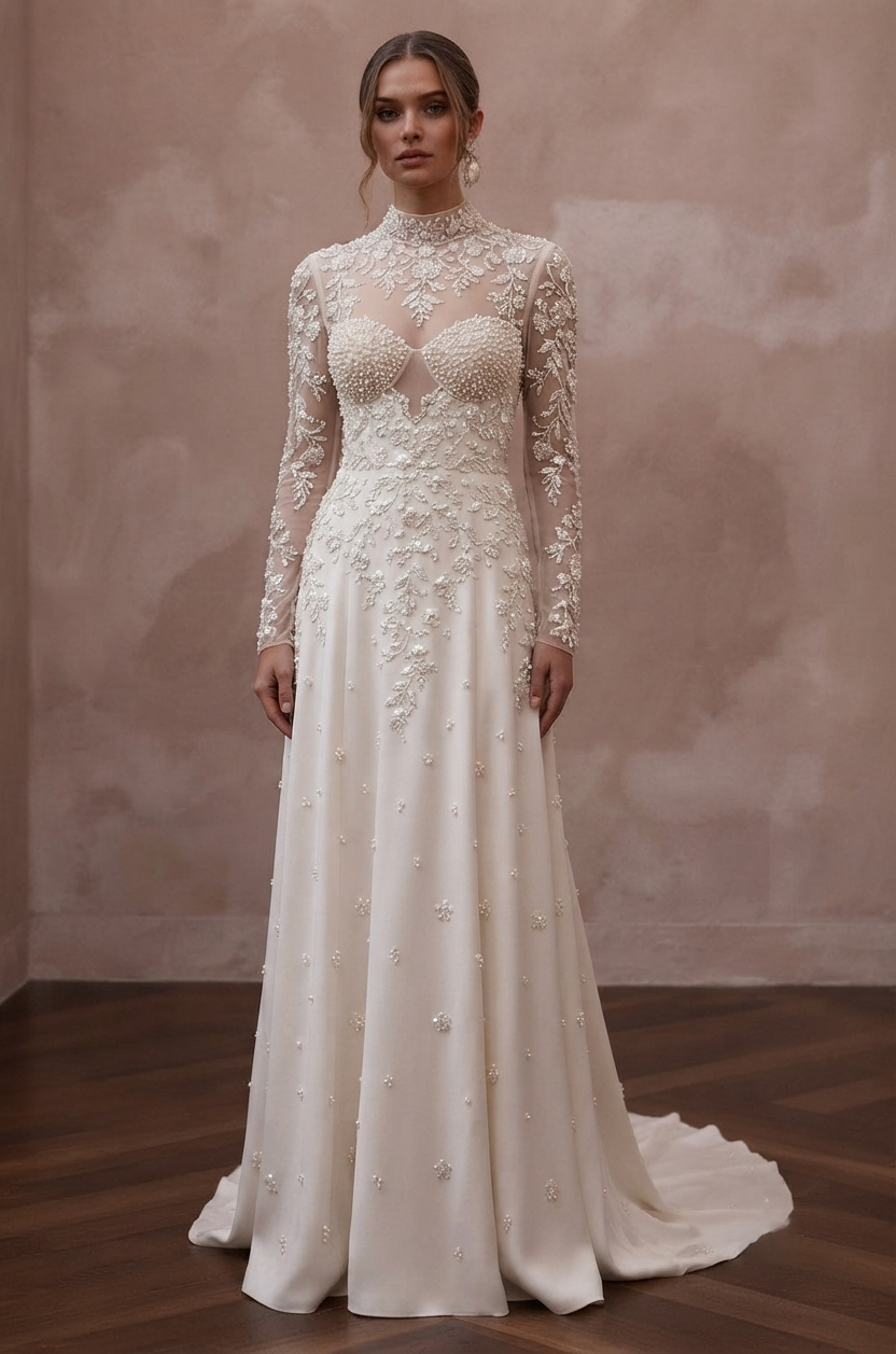 Pearl Embroidered Wedding Dresses with Vintage Charm