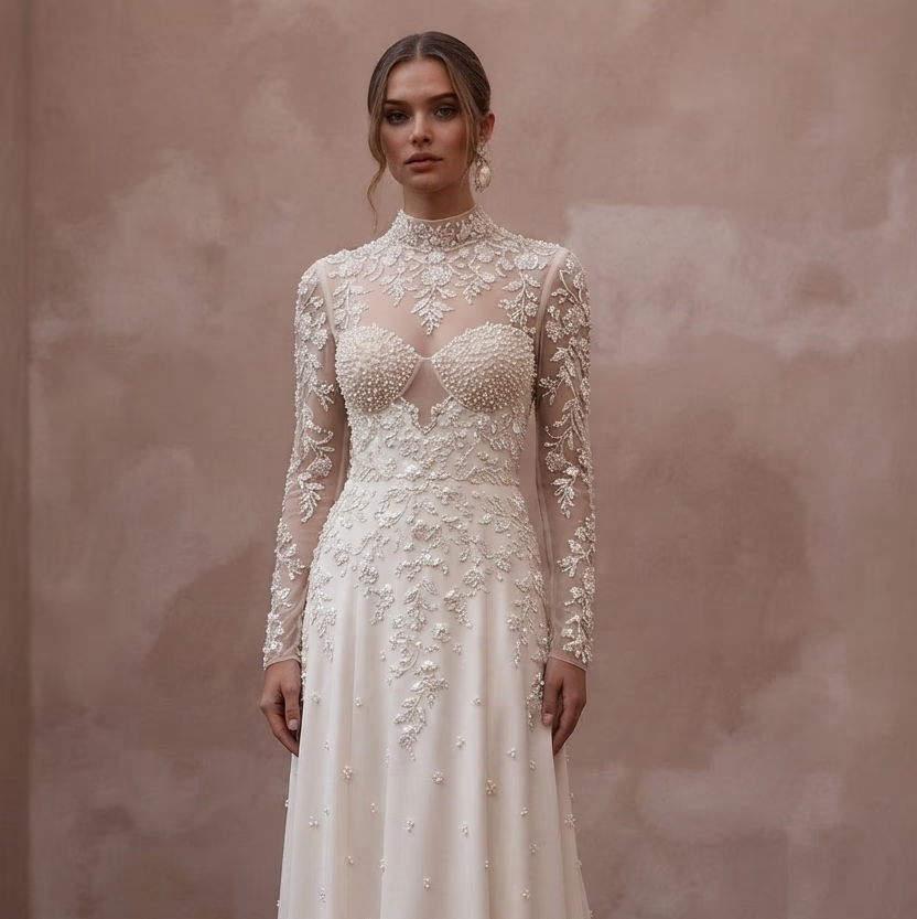 Pearl Embroidered Wedding Dresses with Vintage Charm - Apparel & Accessories > Clothing > Wedding & Bridal Party Dresses > Wedding Dresses - Mignonette