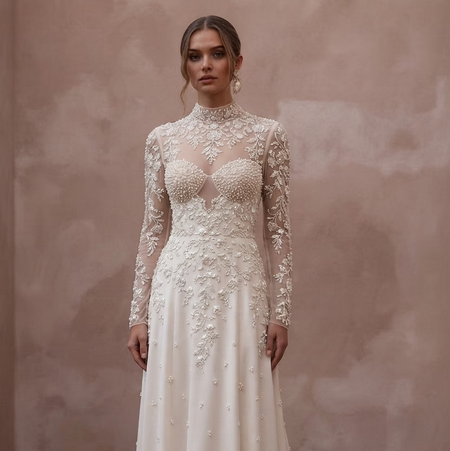 Pearl Embroidered Wedding Dresses with Vintage Charm - Apparel & Accessories > Clothing > Wedding & Bridal Party Dresses > Wedding Dresses - Mignonette