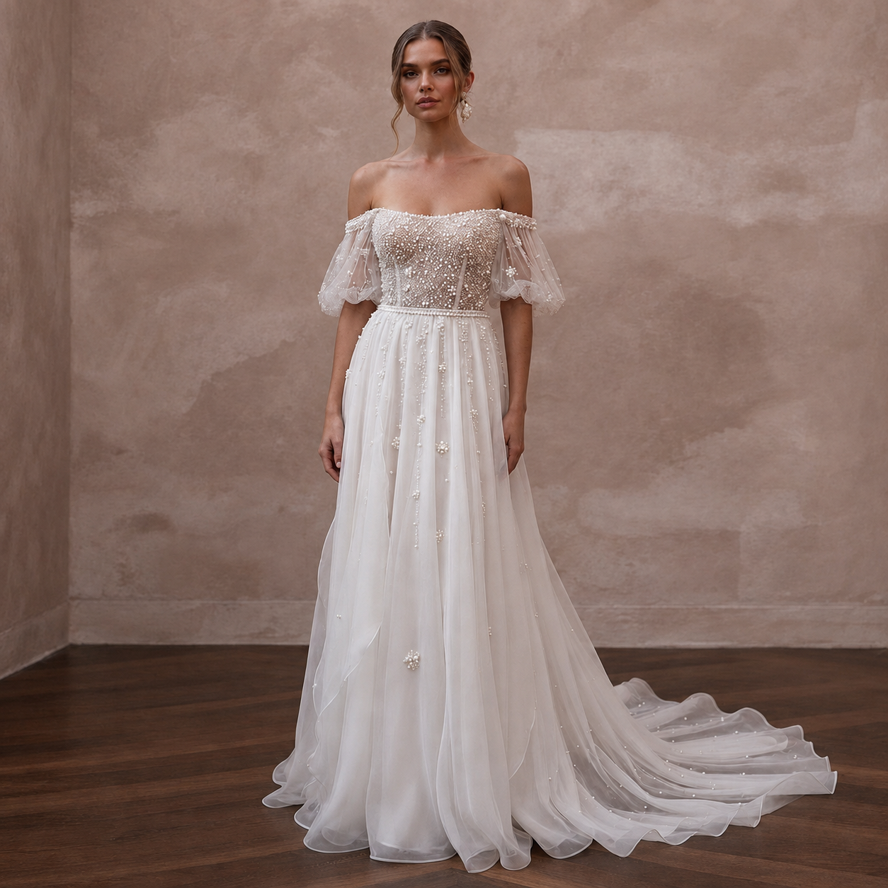 Pearl Mesh Wedding Dresses with Soft Romantic Style Main image
