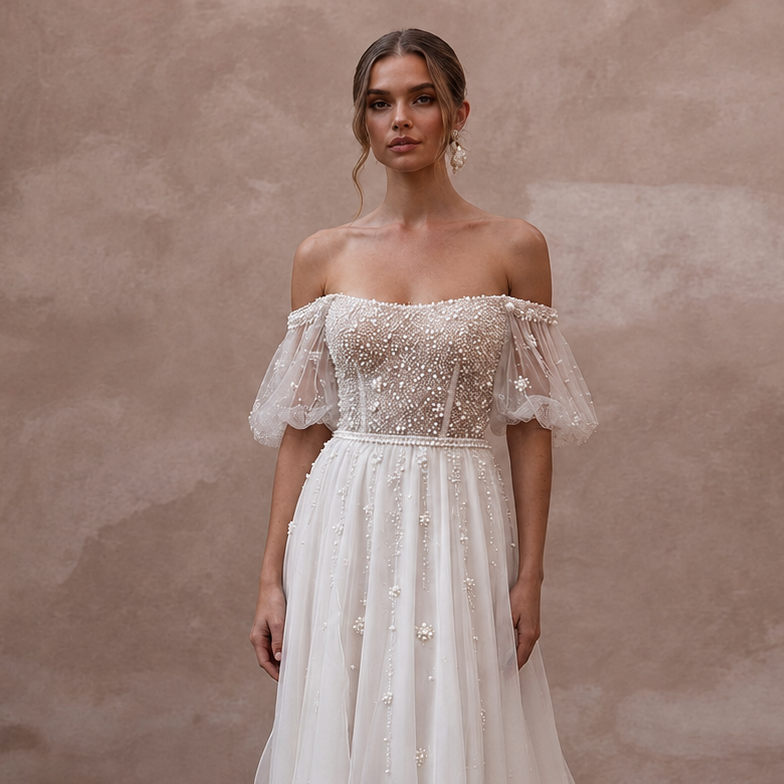 Pearl Mesh Wedding Dresses with Soft Romantic Style