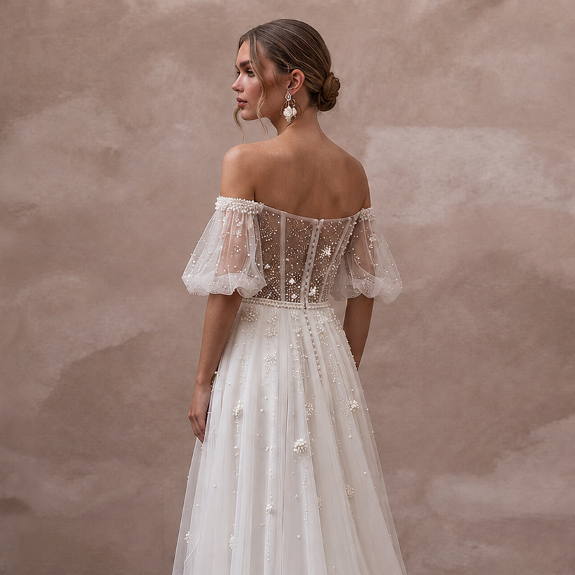 Pearl Mesh Wedding Dresses with Soft Romantic Style