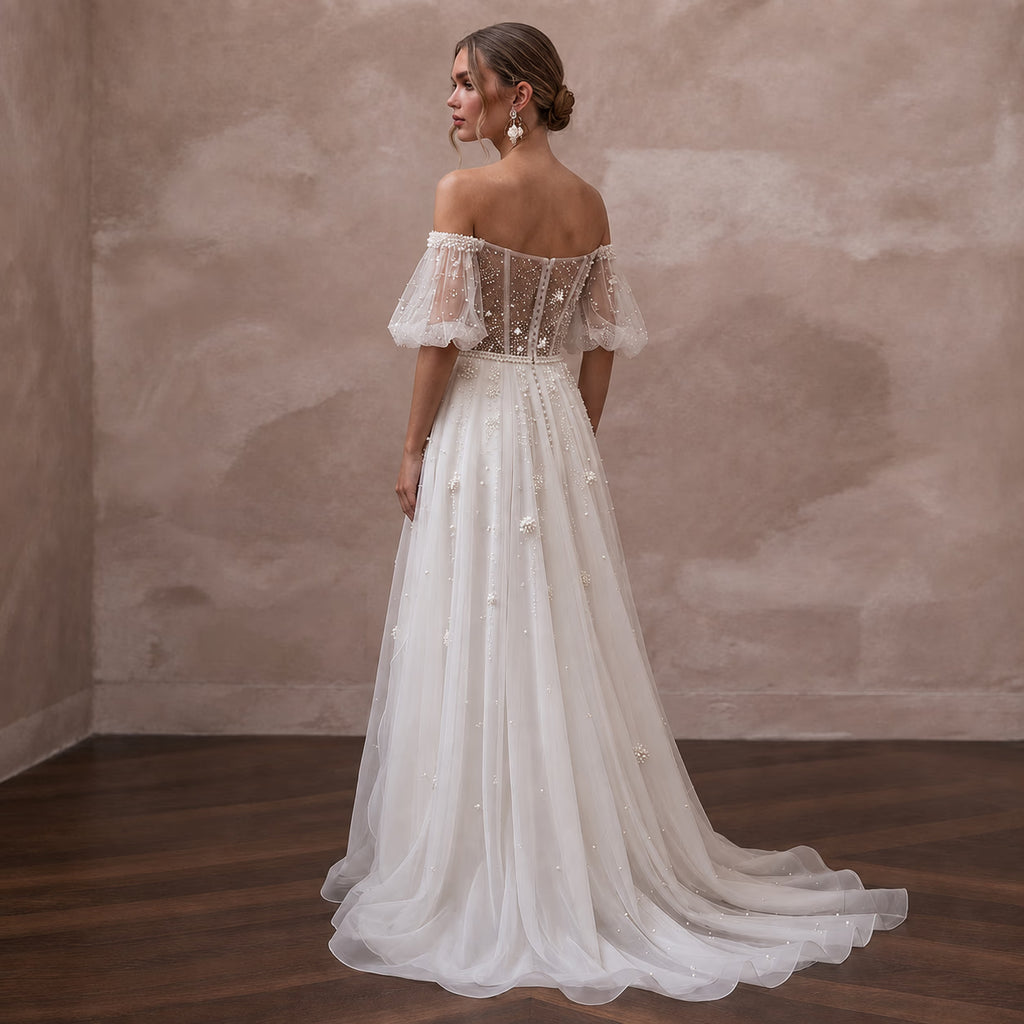 Pearl Mesh Wedding Dresses with Soft Romantic Style - Apparel & Accessories > Clothing > Wedding & Bridal Party Dresses > Wedding Dresses - Mignonette