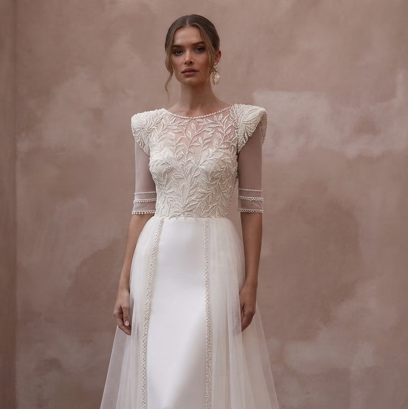 Pearl Trim Wedding Dresses with Sophisticated Details - Apparel & Accessories > Clothing > Wedding & Bridal Party Dresses > Wedding Dresses - Mignonette