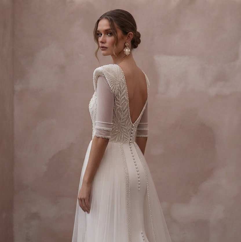 Pearl Trim Wedding Dresses with Sophisticated Details - Apparel & Accessories > Clothing > Wedding & Bridal Party Dresses > Wedding Dresses - Mignonette