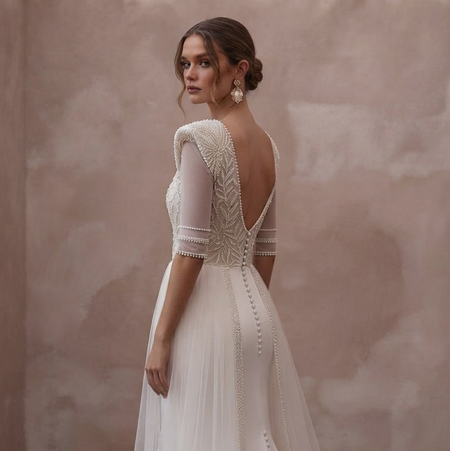 Pearl Trim Wedding Dresses with Sophisticated Details - Apparel & Accessories > Clothing > Wedding & Bridal Party Dresses > Wedding Dresses - Mignonette