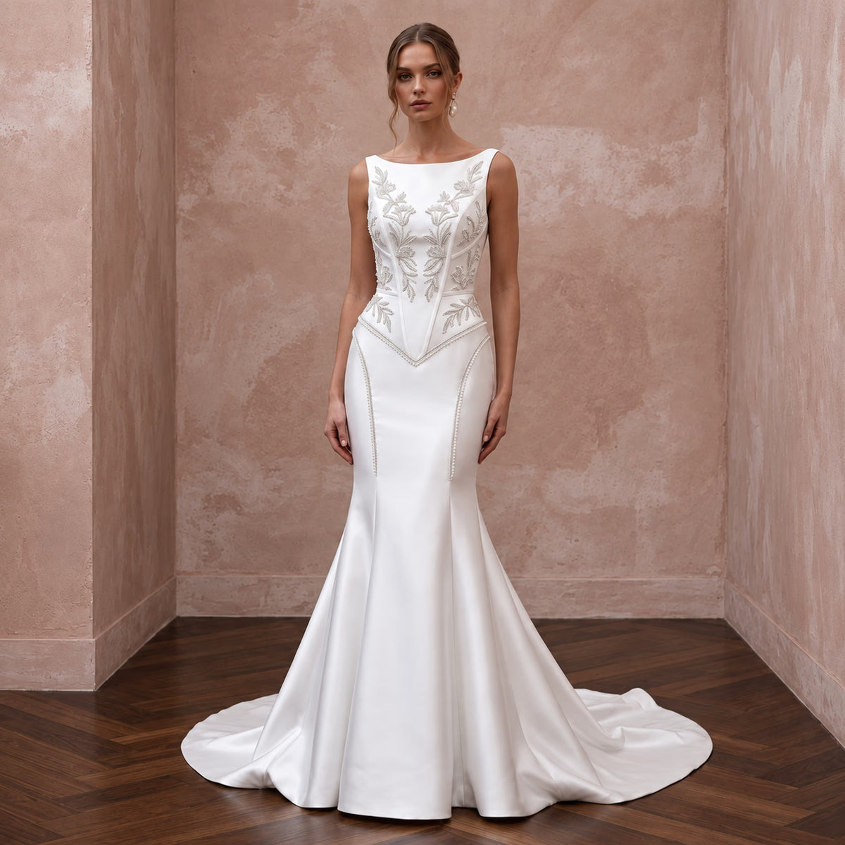 Pearl White Satin Basque Waist Fit-and-Flare Gown for Black Tie Wedding