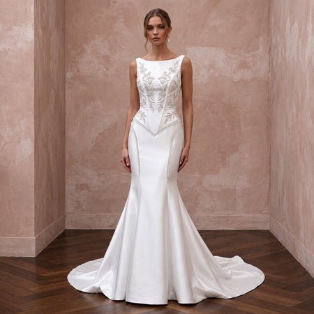 Pearl White Satin Basque Waist Fit-and-Flare Gown for Black Tie Wedding