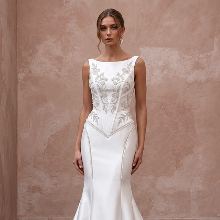 Pearl White Satin Basque Waist Fit-and-Flare Gown for Black Tie Wedding