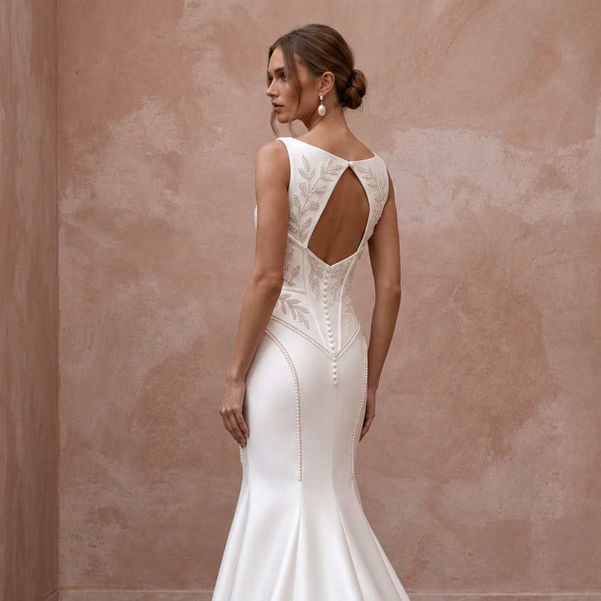 Pearl White Satin Basque Waist Fit-and-Flare Gown for Black Tie Wedding