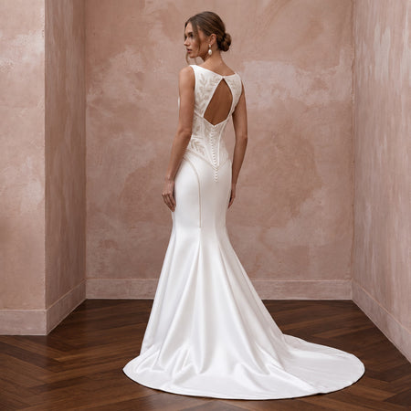 Pearl White Satin Basque Waist Fit-and-Flare Gown for Black Tie Wedding
