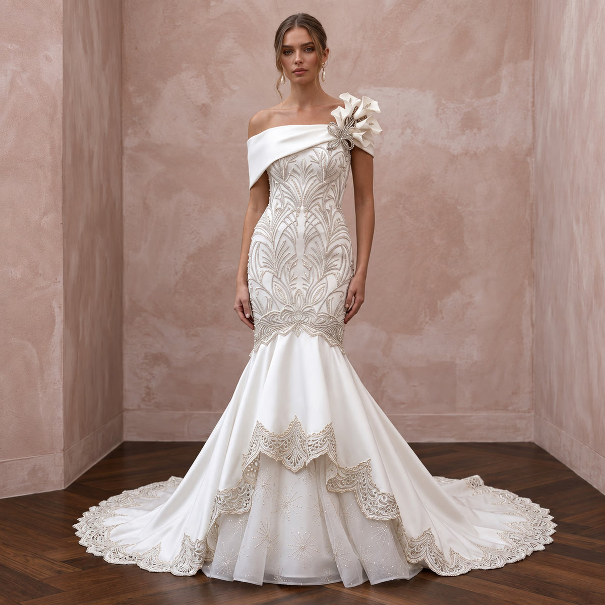 Pearl White Satin Drop Waist Mermaid Dress for Black Tie Wedding - Apparel & Accessories > Clothing > Wedding & Bridal Party Dresses > Wedding Dresses - Mignonette Bridal Main image