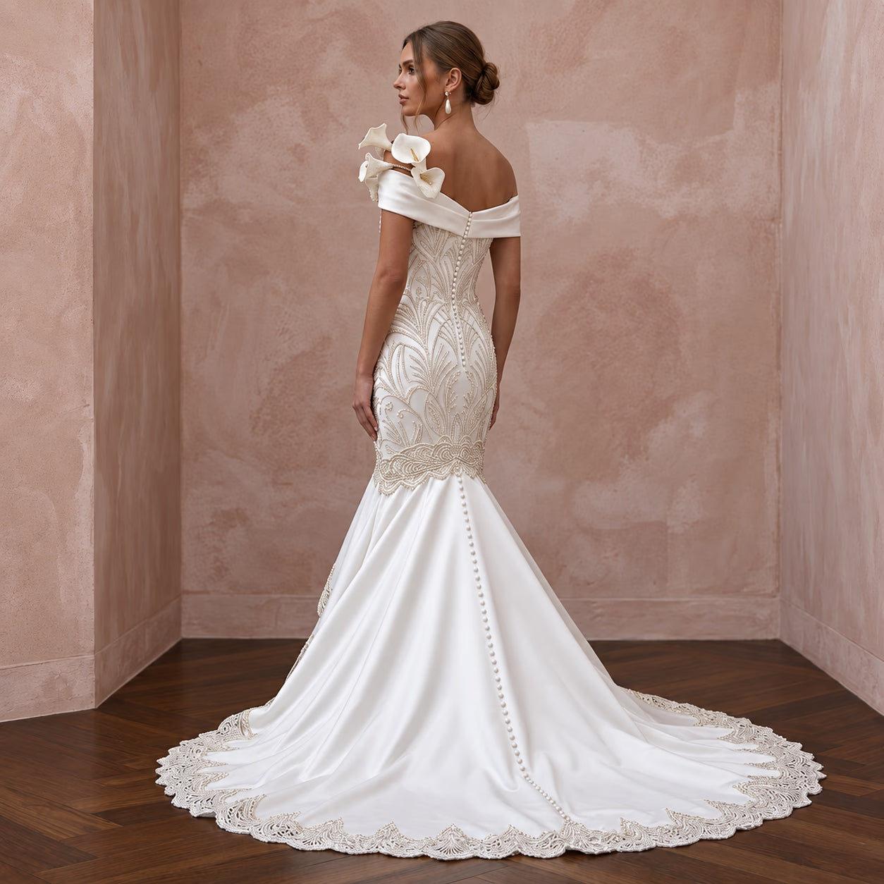 Pearl White Satin Drop Waist Mermaid Dress for Black Tie Wedding Secondary image