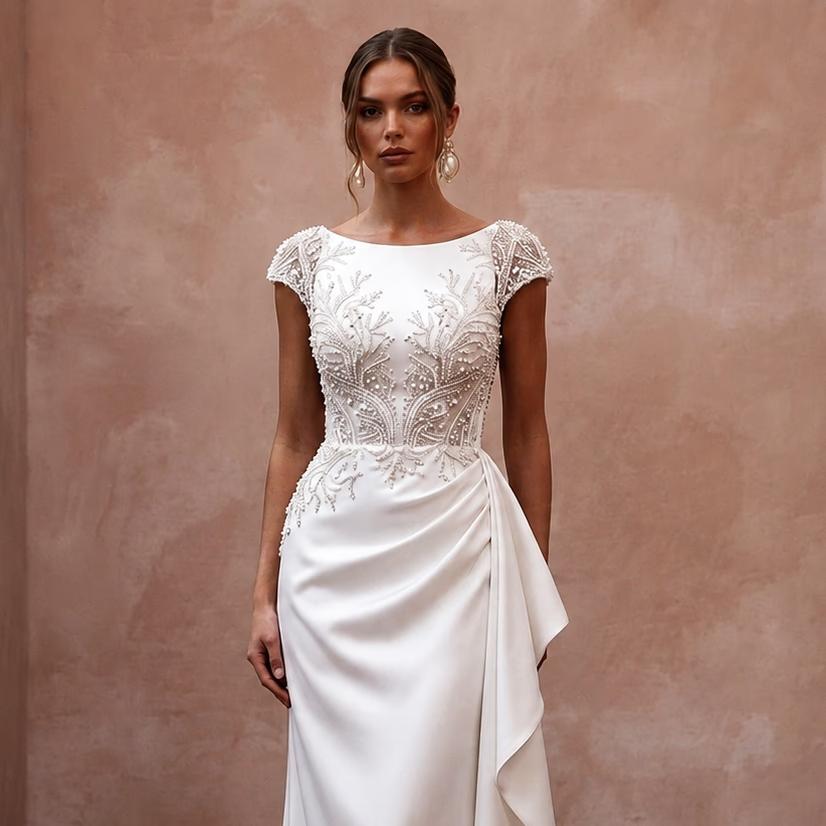 Pearl White Wedding Dresses with Elegant Satin Finish - Apparel & Accessories > Clothing > Wedding & Bridal Party Dresses > Wedding Dresses - Mignonette
