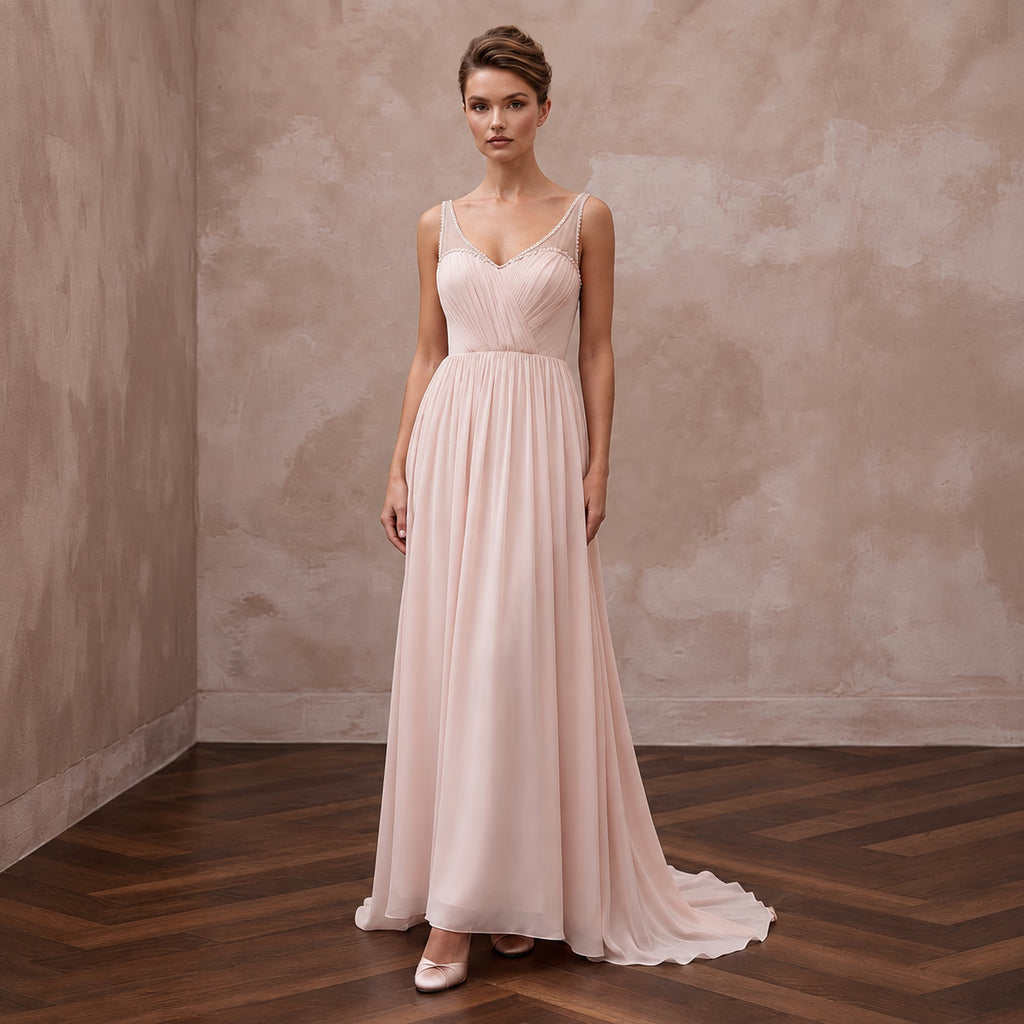 Petite Blush Pink Chiffon Empire Waist Flowing Elopement Dress