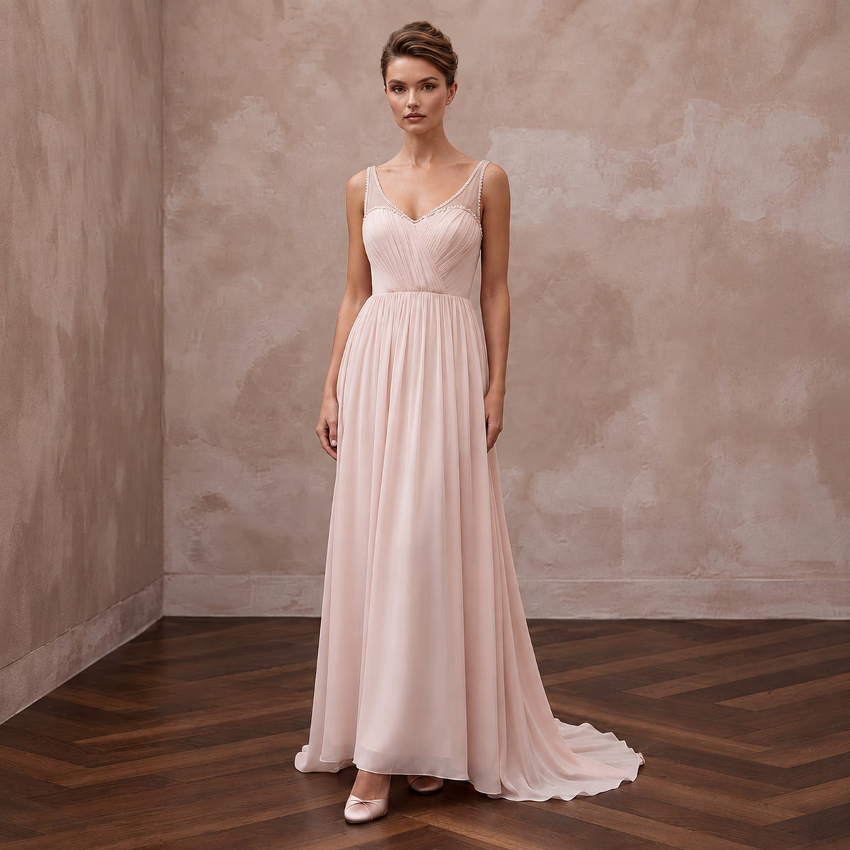 Petite Blush Pink Chiffon Empire Waist Flowing Elopement Dress