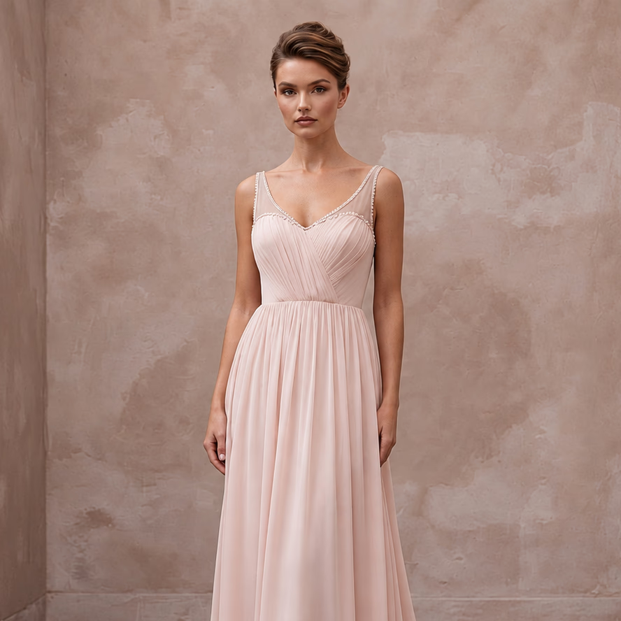 Petite Blush Pink Chiffon Empire Waist Flowing Elopement Dress