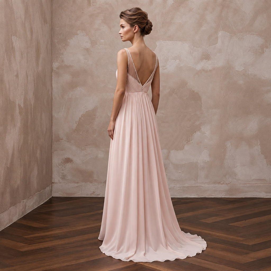 Petite Blush Pink Chiffon Empire Waist Flowing Elopement Dress