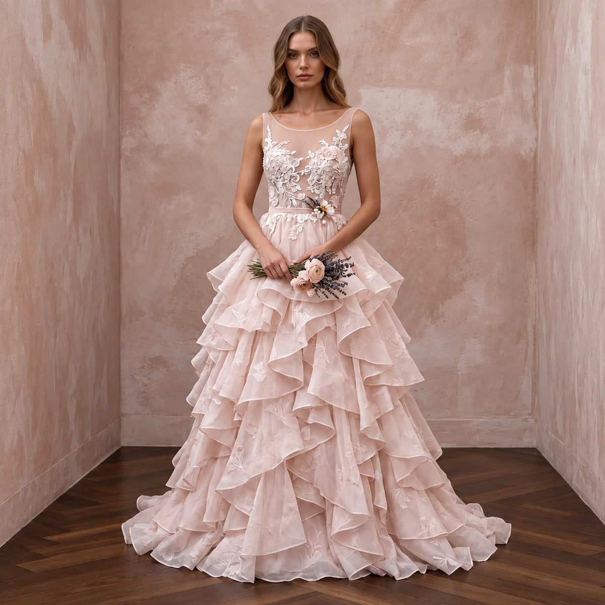 Petite Blush Pink Organza Tiered Ruffle Skirt Elopement Gown