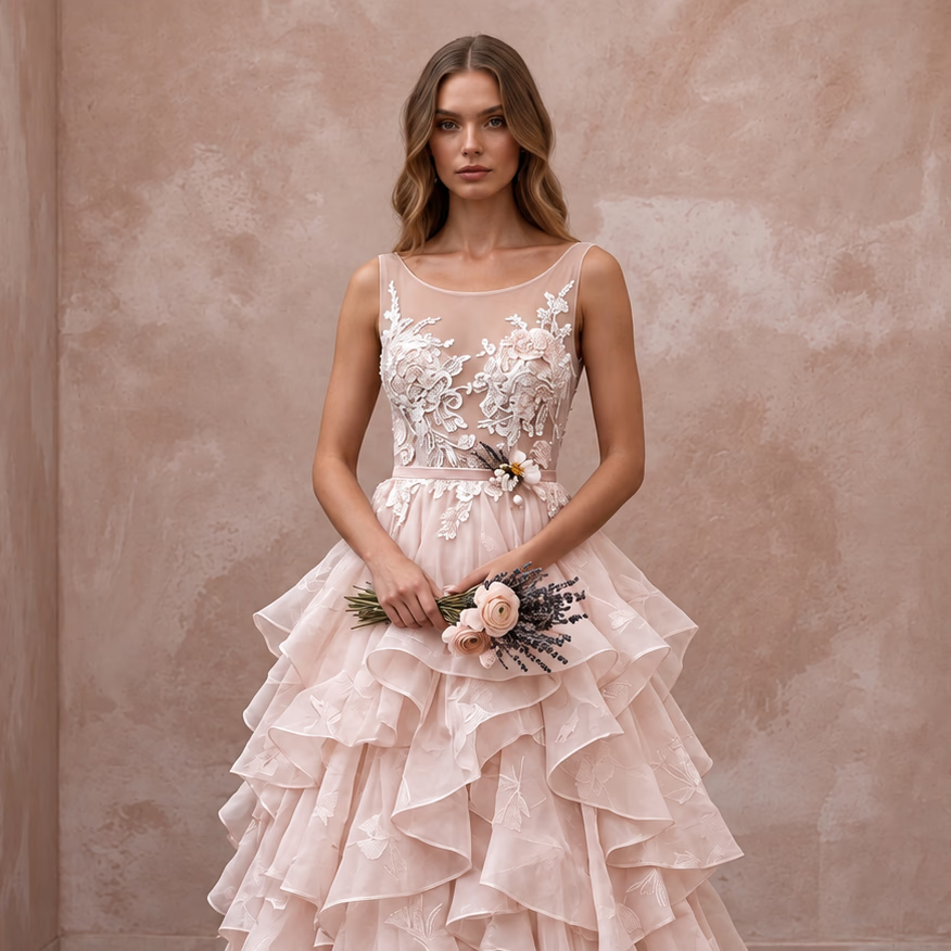 Petite Blush Pink Organza Tiered Ruffle Skirt Elopement Gown