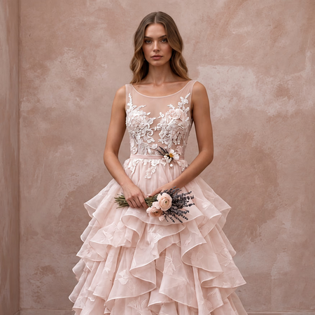 Petite Blush Pink Organza Tiered Ruffle Skirt Elopement Gown
