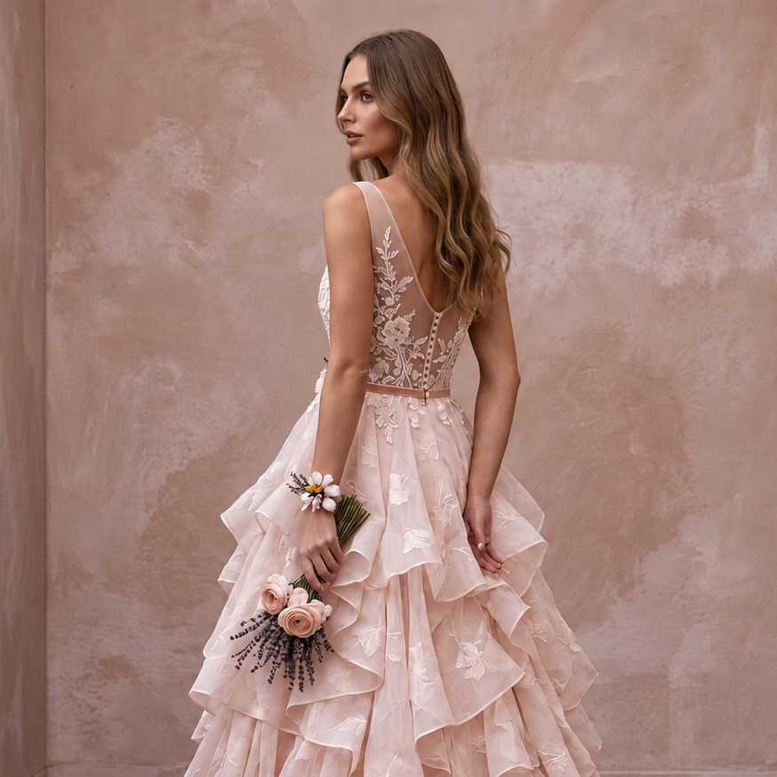 Petite Blush Pink Organza Tiered Ruffle Skirt Elopement Gown