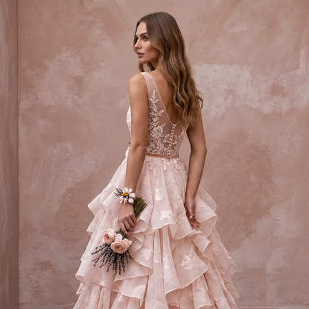 Petite Blush Pink Organza Tiered Ruffle Skirt Elopement Gown