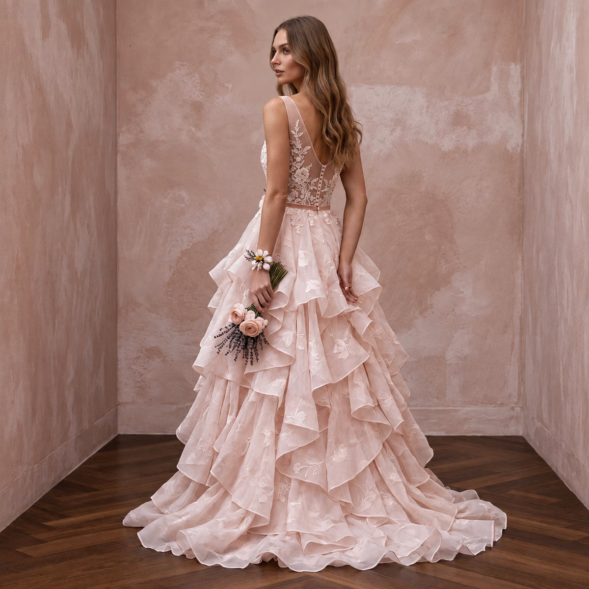 Petite Blush Pink Organza Tiered Ruffle Skirt Elopement Gown