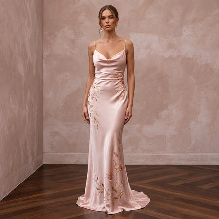 Petite Blush Pink Silk Charmeuse Cowl Neck Bias Cut Slip Dress