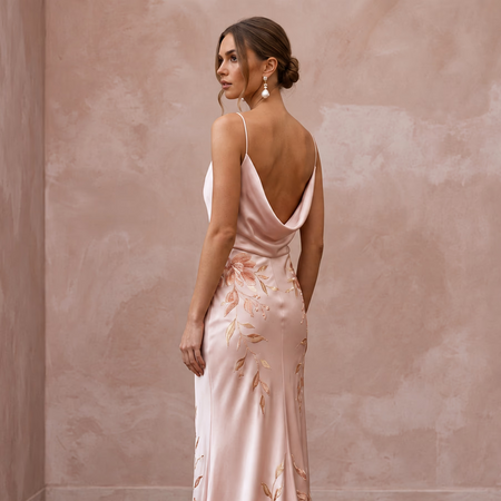 Petite Blush Pink Silk Charmeuse Cowl Neck Bias Cut Slip Dress