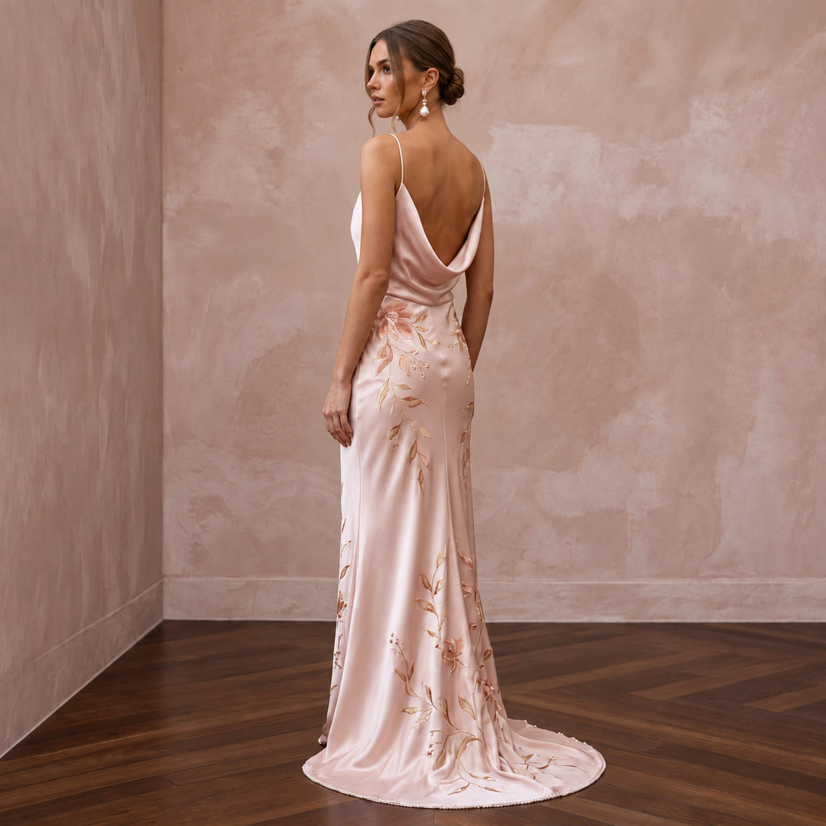 Petite Blush Pink Silk Charmeuse Cowl Neck Bias Cut Slip Dress