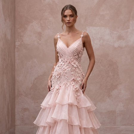 Petite Blush Pink Silk Organza Ruffled Tiered Skirt Bridal Gown